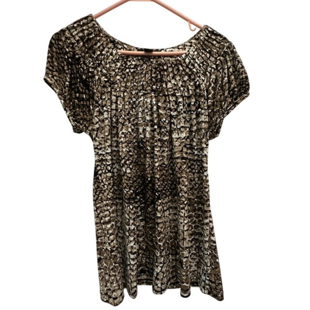 Style & Co Blouse Brown Tan Snakeskin Animal‎ Print Pleated Neck Poly Spandex M